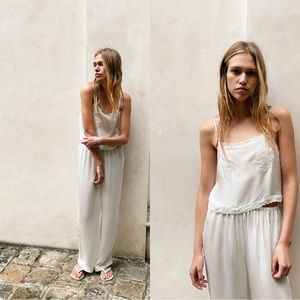 ZARA Embroidered Satin Two-piece Pajama Set White S/M
